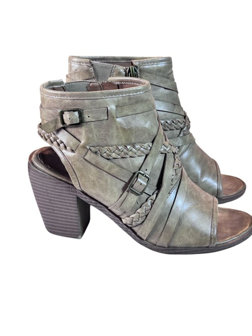 93 Vintage Bradyn Peep Toe Ankle Boots Size 9M Tan Faux Leather Strappy Heel